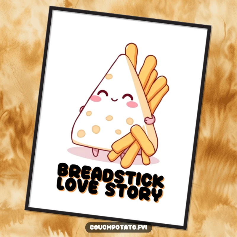 Funny digital art print of a smitten cream cheese triangle holding breadsticks, ideal for instant romantic decor.