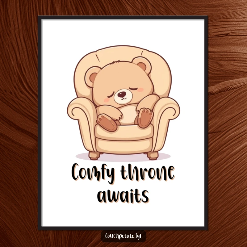 Funny Sleepy Bear Digital Art Print of a cute bear cub luxuriously stretching into a comfy armchair, embodying pure relaxation.