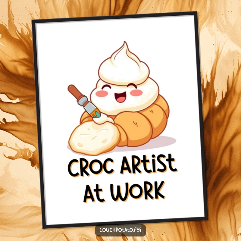 Funny digital art print of a happy cream cheese container painting a croissant, ideal for instant artistic decor.