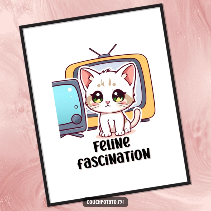 Funny kitten with wide, captivated eyes staring intently at a television screen, available as a digital art print, offering humorous decor.