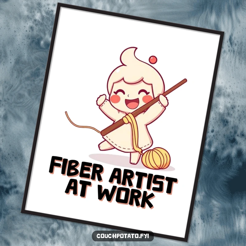Funny smiling character swinging a large crochet hook with yarn trailing, as a high-resolution digital art print.