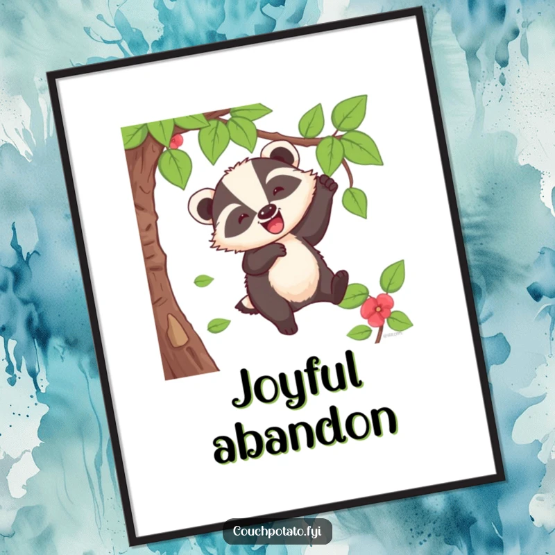 Funny Badger Digital Art Print: A cheerful badger is shown swinging from a vine, letting out a wild whoop.
