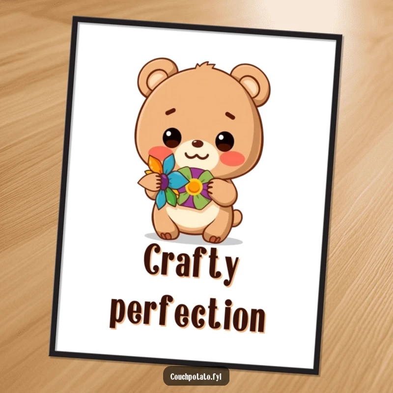 Funny digital art print of a smiling bear cub proudly holding a colorful handmade craft, ready to decorate.