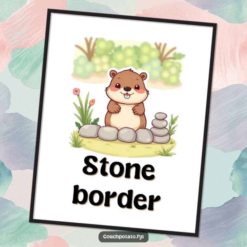 Funny beaver digital art print, a smiling beaver meticulously stacks small stones to create a garden border.
