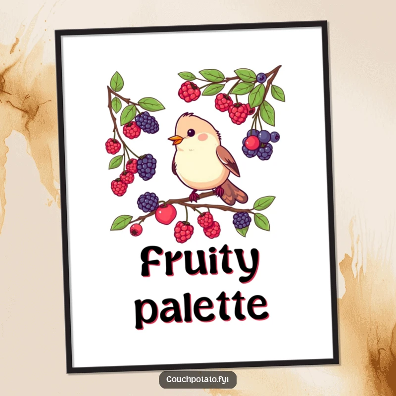 Funny digital art print of a busy bird tasting various berries from different branches, perfect for humorous wall decor and bird lovers.