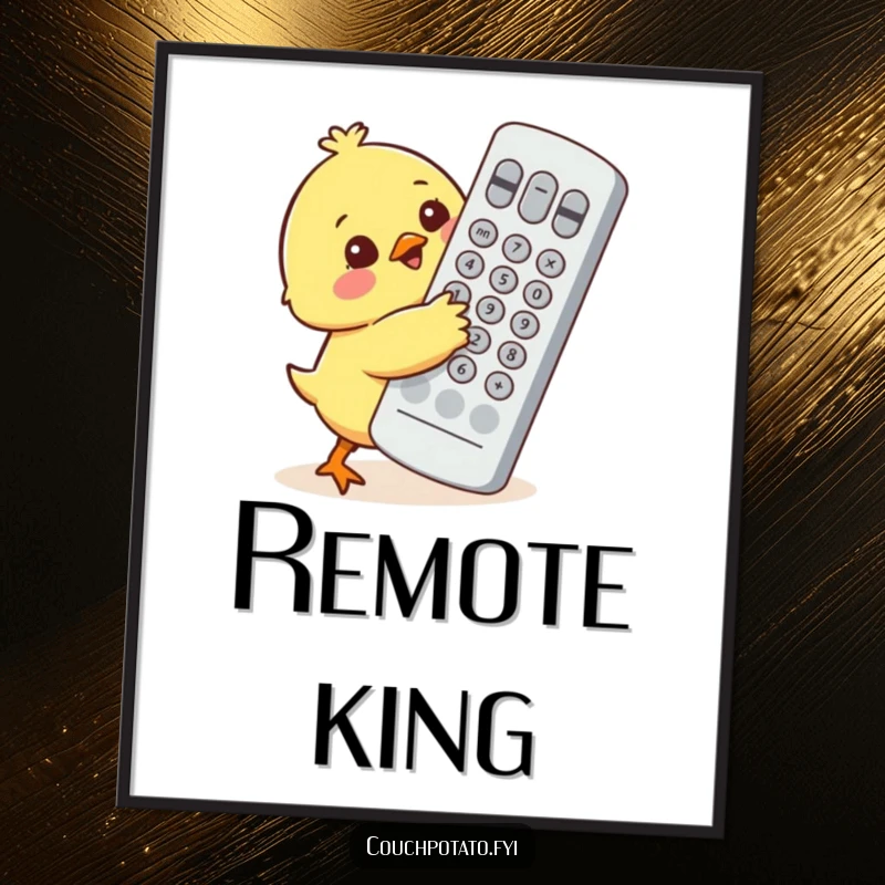 Funny illustration of a small chick character trying to hug a comically large television remote control, digital art.