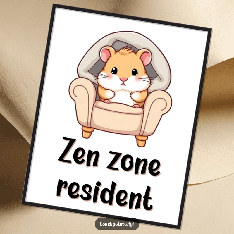 Funny hamster digital art print of a chubby hamster peeking from under a cozy blanket on an armchair, perfect for instant wall decor.