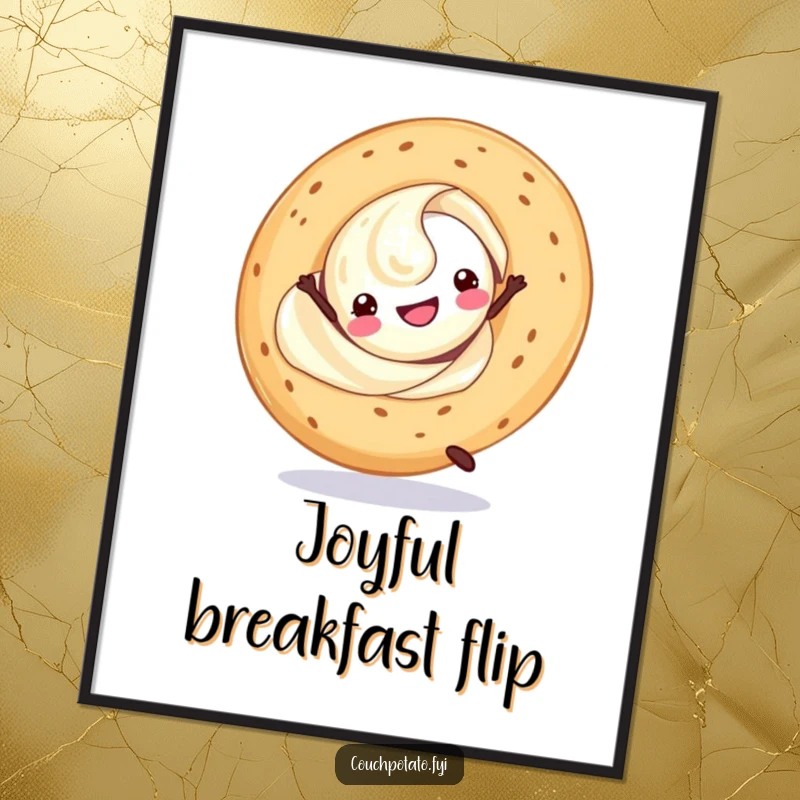 Funny cream cheese swirl doing a cartwheel with a bagel, as a downloadable digital art print for cheerful decor.