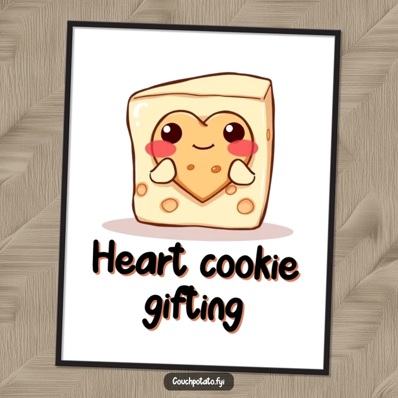 Funny blushing cream cheese block offering a heart cookie, as a downloadable digital art print for sweet and charming decor.