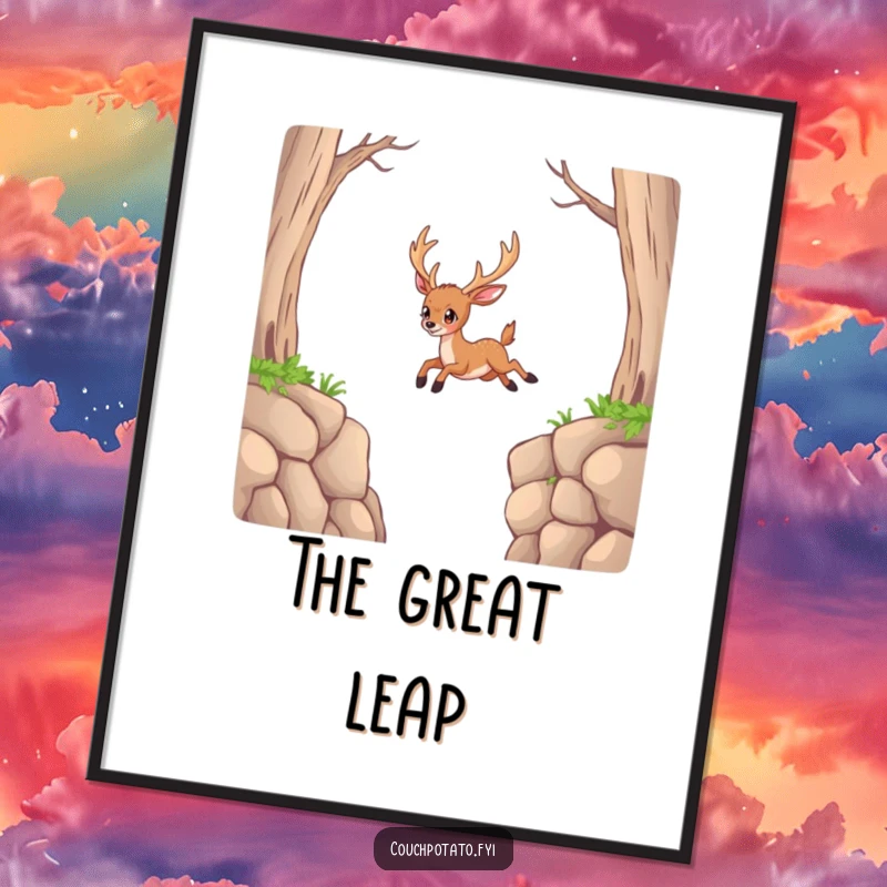 Funny Deer Digital Art Print: A determined deer is shown attempting to jump over a seemingly impossible gap.