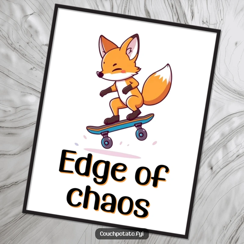 Funny Fox Digital Art Print: A daring fox balances on a single skateboard wheel while performing a skateboarding trick.