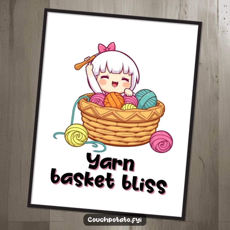 Funny digital art print of a character gleefully dropping a crochet hook into a basket of yarn, celebrating the joy of creation.