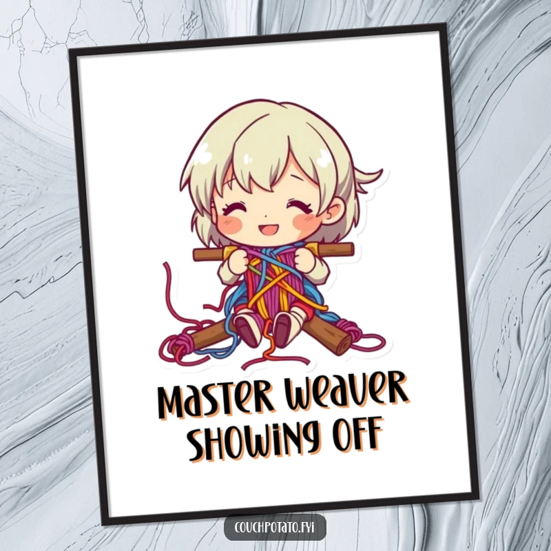 Funny character happily weaving colorful yarn into a complex pattern, as a high-resolution digital art print.