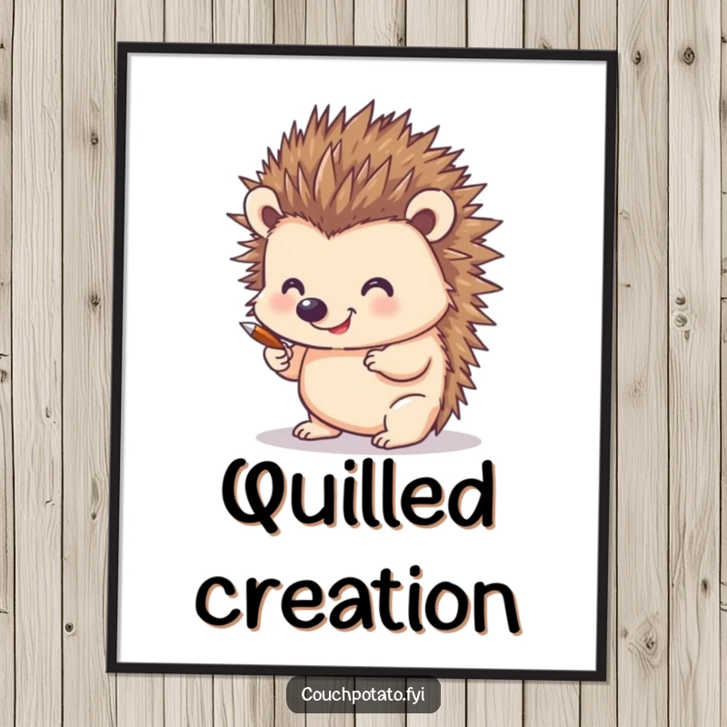 Funny digital art print of a smiling hedgehog using its quills to draw, perfect for humorous wall decor and art lovers.