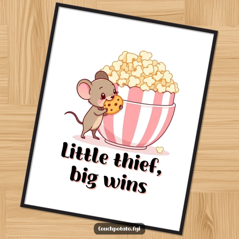 Funny tiny mouse with a mischievous grin sneaking a cookie from a giant popcorn bowl, a printable art download.