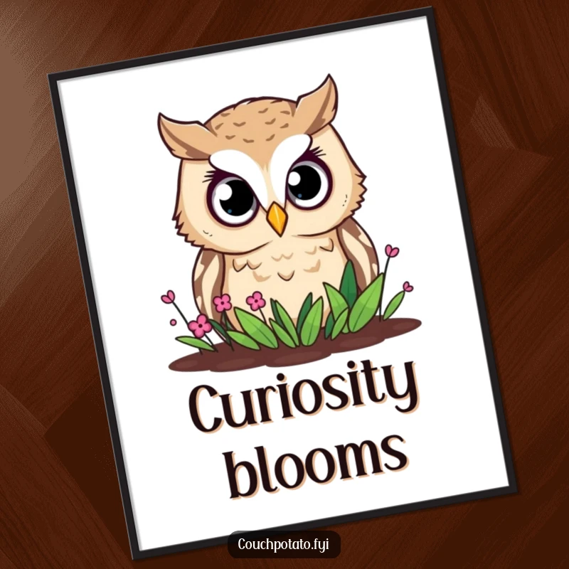 Funny owl digital art print, a curious owl with wide eyes intently observes a small garden bed.