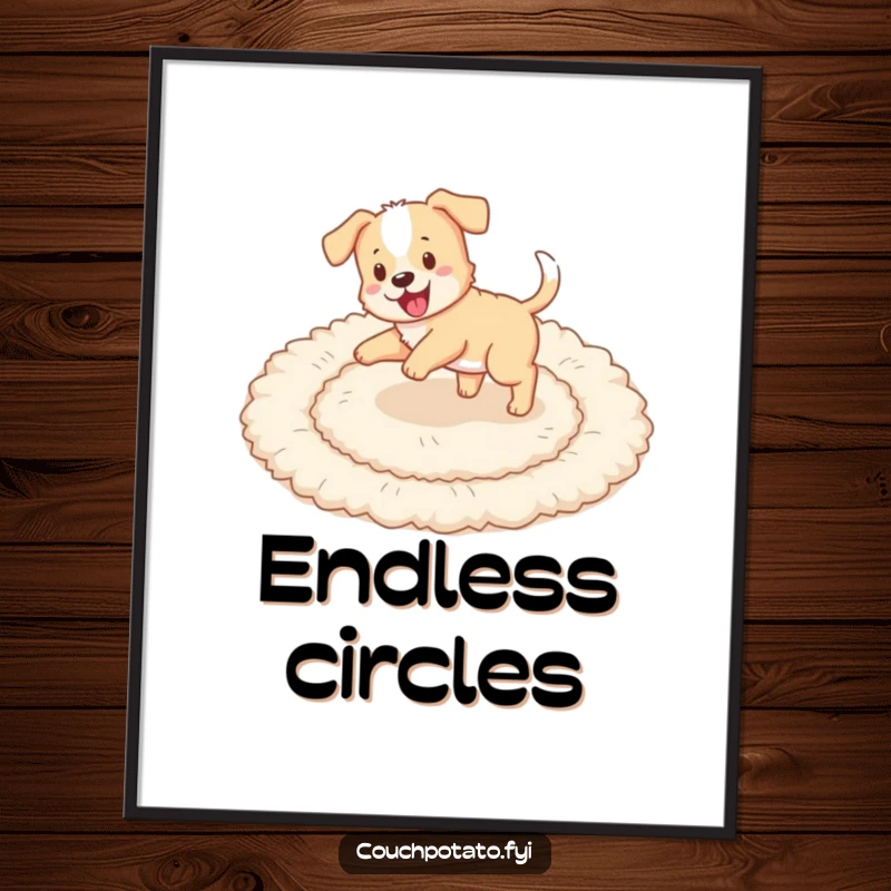 Funny puppy chasing its tail in circles on a fluffy rug, available as high-resolution digital art.