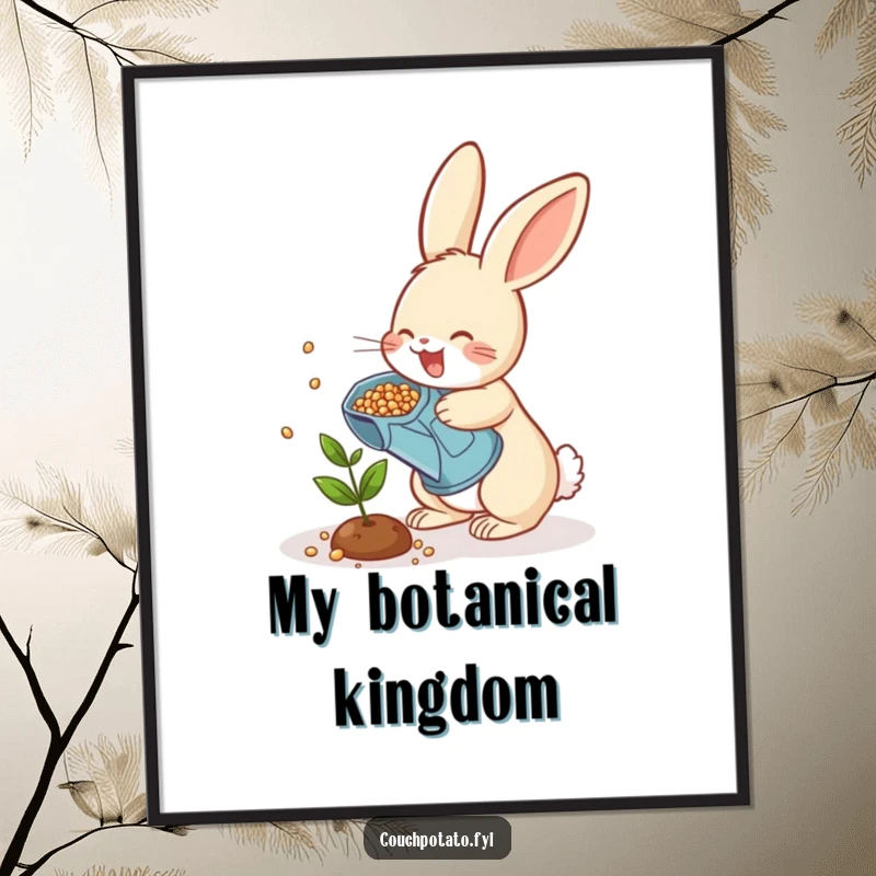 Funny rabbit gardener digital art, a cheerful bunny scattering seeds with a watering can onto a small plant, whimsical downloadable artwork.