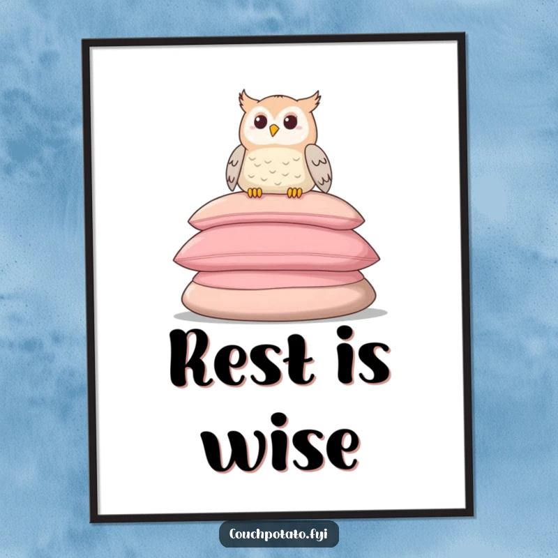 Funny digital art print of a relaxed owl on cushions, perfect for immediate download and serene display.