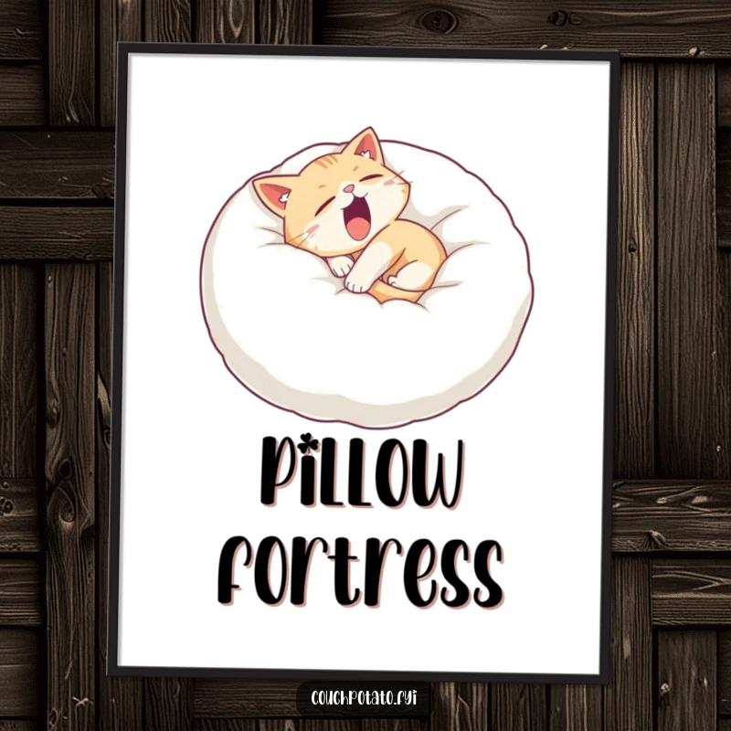 Funny sleepy cat digital art print of a cat curled on a giant pillow, yawning widely, ideal for instant home decoration.