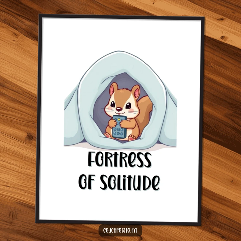 Funny curious squirrel peeking from blanket fort, clutching remote control, a cozy digital art print.