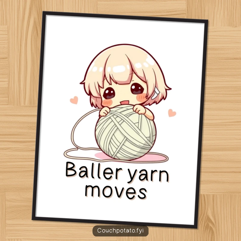 Funny Digital Art Print of a character energetically winding yarn into a neat ball, adding humor to decor.
