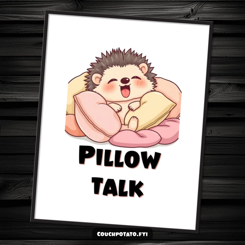 Funny hedgehog snuggled amongst soft cushions yawning widely, available as high-resolution digital art.