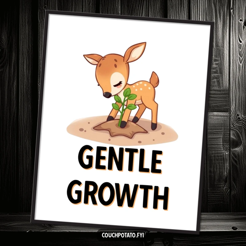 Funny deer digital art print, a playful deer gently pats soil around a young sapling, invoking nature's care.