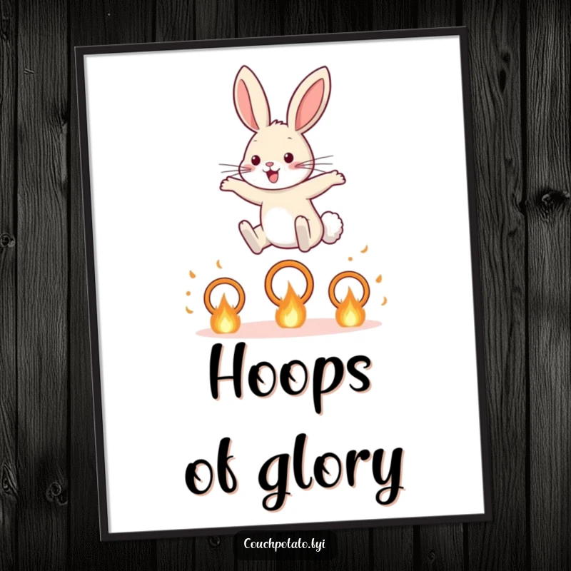 Funny Rabbit Digital Art Print: A brave rabbit is captured mid-air as it leaps over a series of small, fiery hoops.