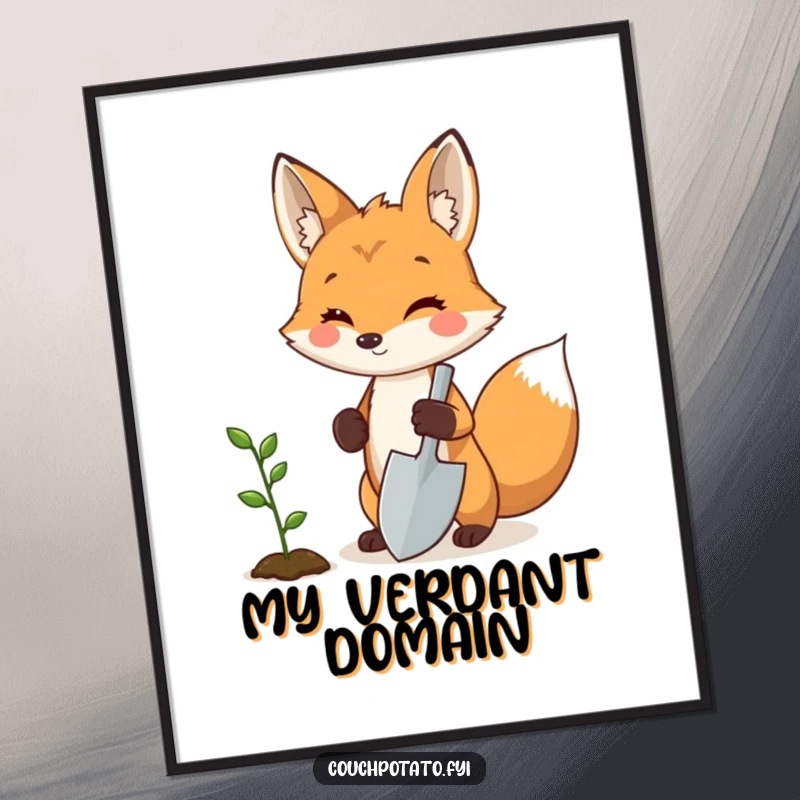 Funny fox gardener digital art, a proud fox holding a miniature shovel next to a sprouting seedling, sophisticated and humorous downloadable art.