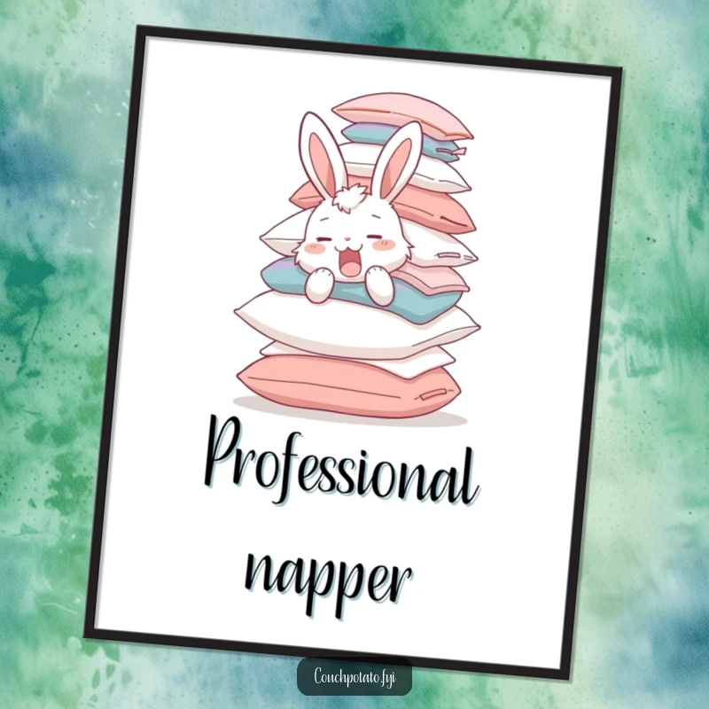 Funny yawning bunny balancing a giant pile of pillows, available as a digital art print, offering instant humorous decor.