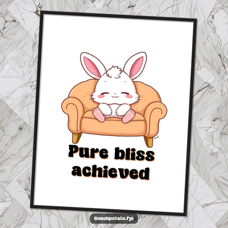 Funny Digital Art Print: Fluffy bunny lounges on a sofa, eyes closed with a contented smile. Serene wall art funny gift.