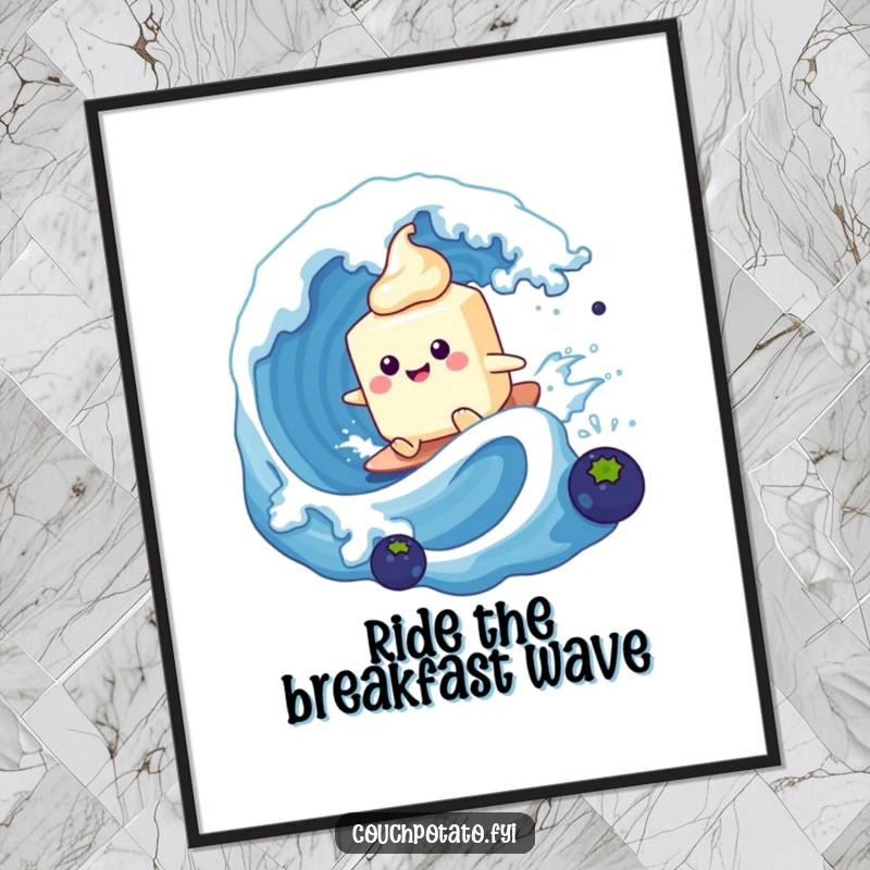 Funny cream cheese tub surfing a blueberry wave, as a downloadable digital art print for energetic and humorous wall decor.