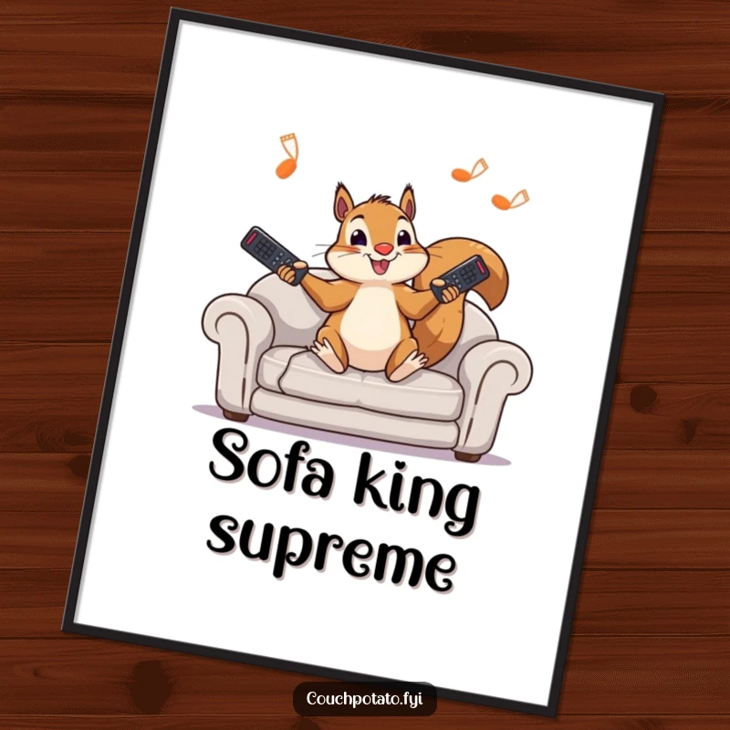 Funny squirrel digital art print of a character juggling remote controls, offering instant humor and visual delight for any space.