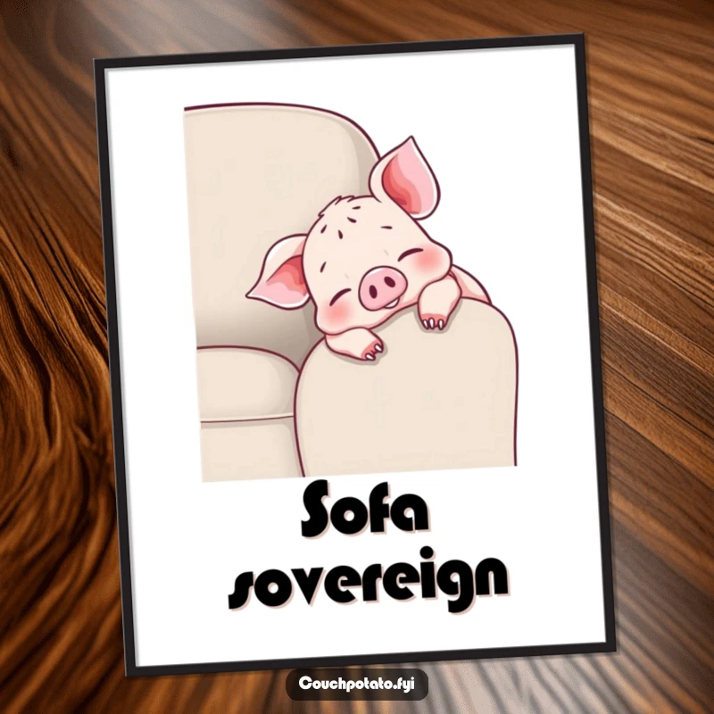 Funny cheerful piglet digital art print of a piglet draped over a couch armrest, wiggling toes, perfect for instant wall decor.