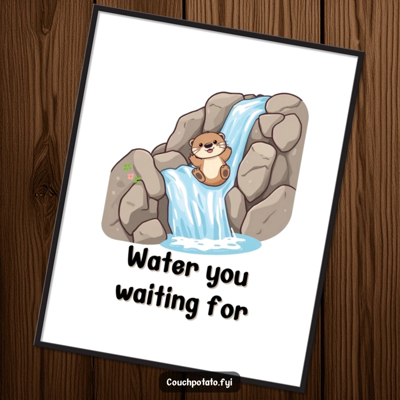 Funny Digital Art Print: A playful otter slides down a rocky waterfall, a humorous and exhilarating wildlife illustration.