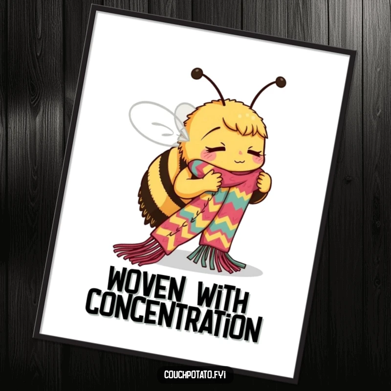 Funny Bee Digital Art Print: A busy bee skillfully knits a long, colorful scarf with intense concentration, a charming scene.