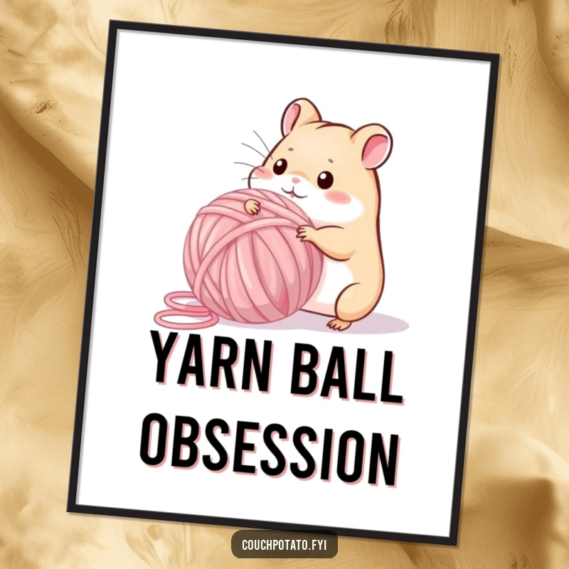 Funny playful hamster winding a giant ball of yarn, as a funny digital art print for instant decor.