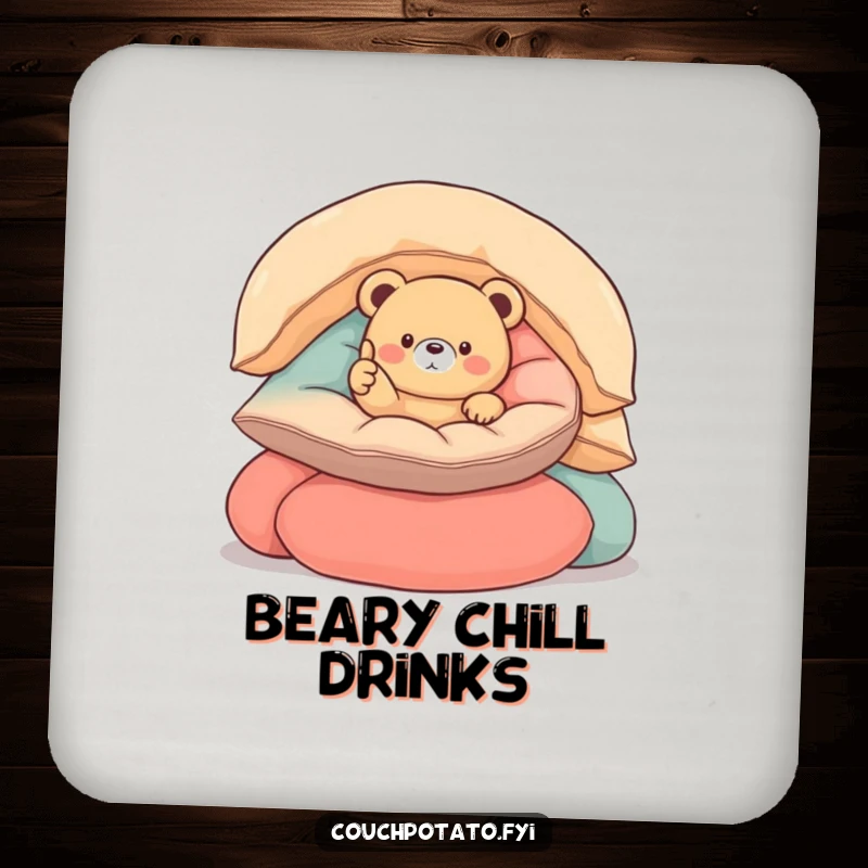 Funny round bear drink coaster featuring a small, round bear nestled in cushions, giving a thumbs up, offering stylish surface protection.