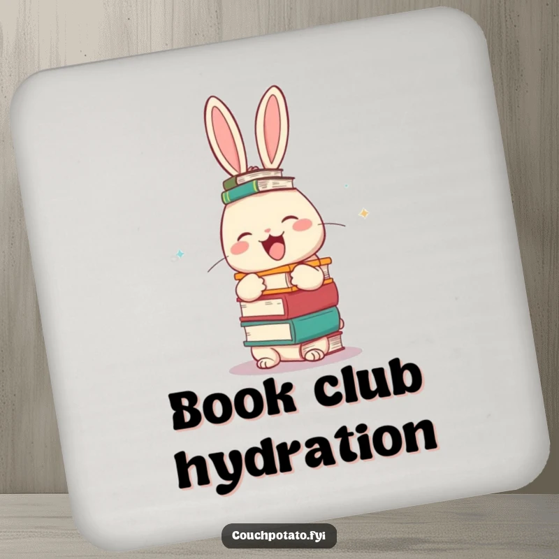 Funny giggling rabbit balancing a stack of books on its head on a round coaster, offering humorous surface protection.