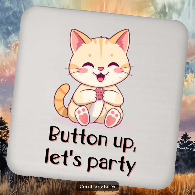 Funny Cat Coaster: A happy cat confidently sews a button onto fabric, protecting surfaces with purr-fect style.