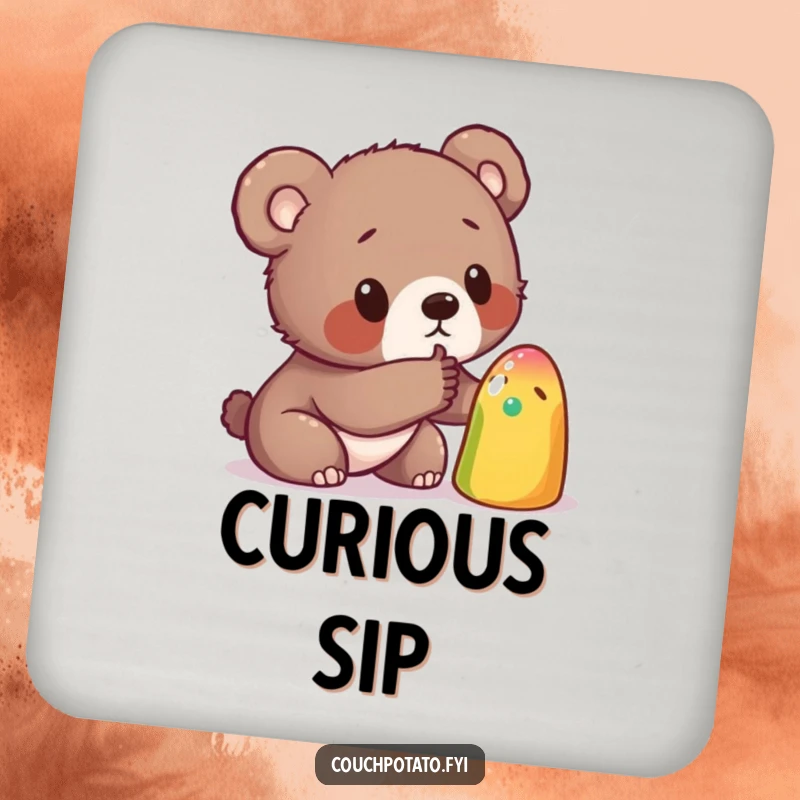 Funny drink coaster showing a curious bear cub poking a strange, colorful object, adding a humorous and artistic touch to drink protection.