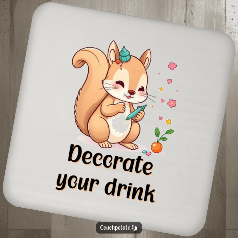 Funny creative squirrel gluing decorative elements onto a whimsical art piece, depicted on a humorous drink coaster.