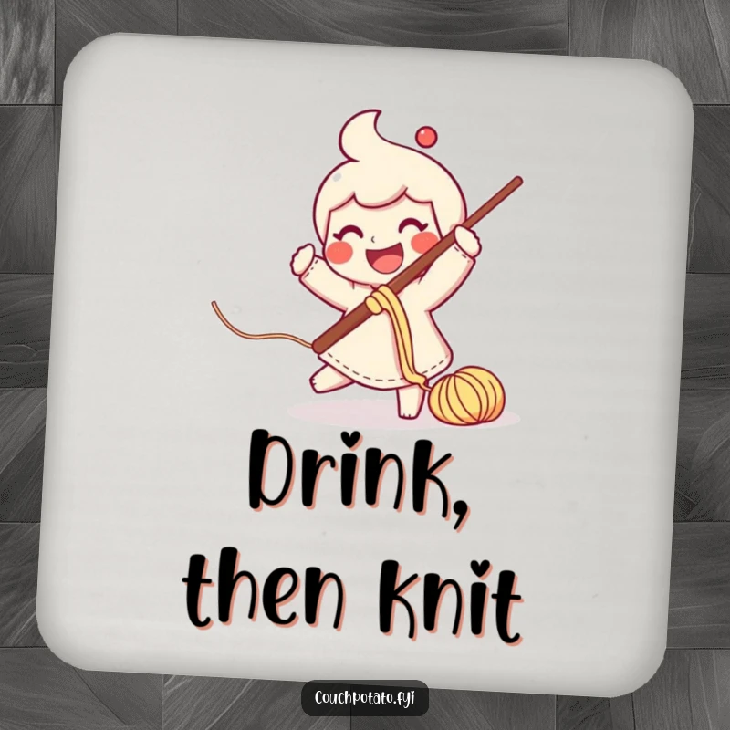 Funny smiling character swinging a crochet hook with yarn trailing, on a protective drink coaster.