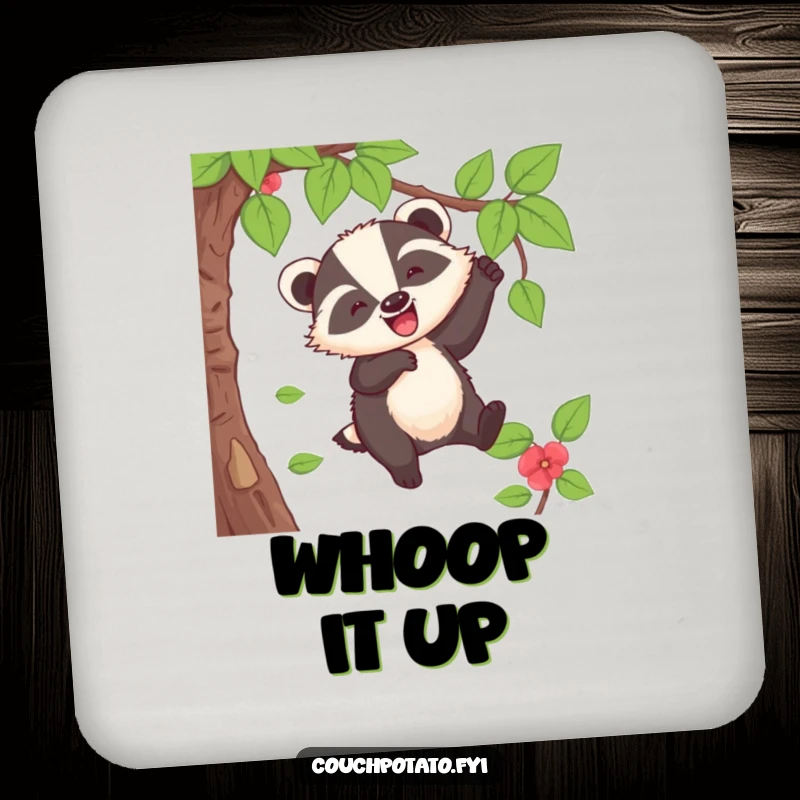 Funny Badger Coaster: A cheerful badger swings from a vine with a whoop, protecting surfaces with joyful humor.