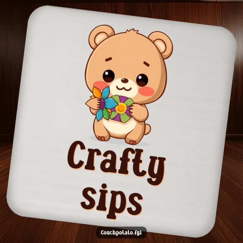 Funny drink coaster with a bear cub displaying a completed craft, adding a cute touch to tables.