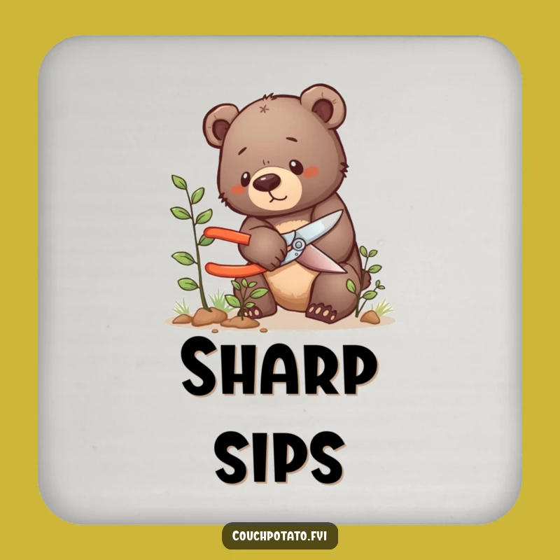 Funny Bear Cub Pruning Coaster: Tiny Gardener, Hilarious Protection for Tables