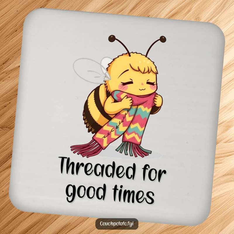 Funny Bee Coaster: A busy bee is shown intently knitting a long, colorful scarf, protecting surfaces with crafty style.
