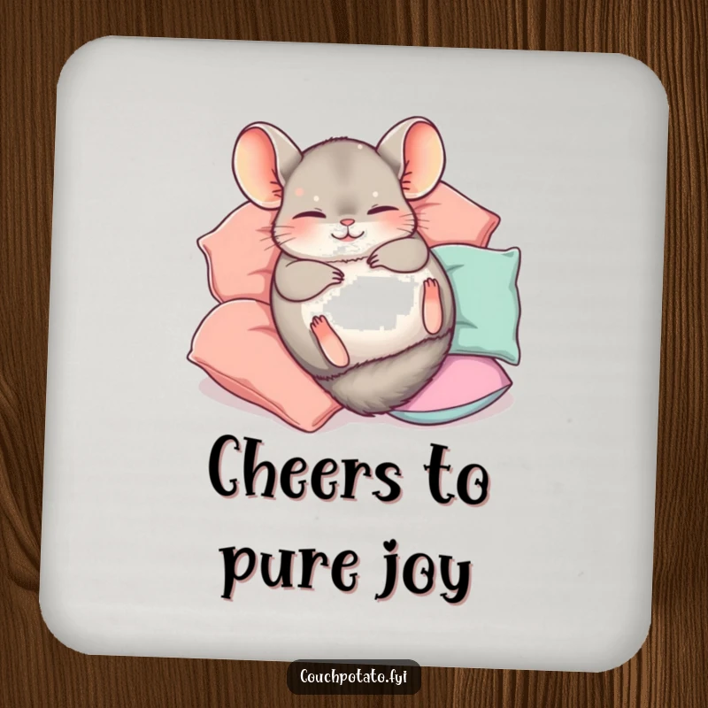 Funny Chinchilla Coaster showing a cute chinchilla happily rolling on its back amidst pillows, perfect for drink protection.