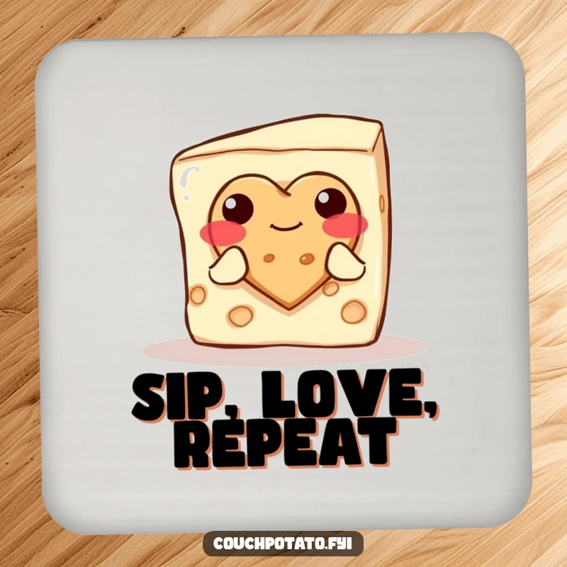 Funny blushing cream cheese block offering a heart cookie, featured on a set of coasters to add a sweet touch.